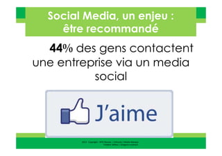 2013 Copyright : WTC Rennes / InPuzzle / Media-Marque
Frédéric Million / Grégoire Lockhart
44% des gens contactent
une entreprise via un media
social
Social Media, un enjeu :
être recommandé
 
