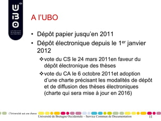 11
A l’UBO
• Dépôt papier jusqu’en 2011
• Dépôt électronique depuis le 1er janvier
2012
vote du CS le 24 mars 2011en faveur du
dépôt électronique des thèses
vote du CA le 6 octobre 2011et adoption
d’une charte précisant les modalités de dépôt
et de diffusion des thèses électroniques
(charte qui sera mise à jour en 2016)
Université de Bretagne Occidentale – Service Commun de Documentation
 