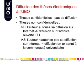 14
Diffusion des thèses électroniques
à l’UBO
• Thèses confidentielles : pas de diffusion
• Thèses non confidentielles :
Si l’auteur autorise sa diffusion sur
Internet -> diffusion sur l’archive
ouverte TEL
Si l’auteur n’autorise pas sa diffusion
sur Internet -> diffusion en extranet à
la communauté universitaire
Université de Bretagne Occidentale – Service Commun de Documentation
 