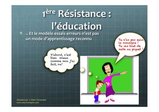 1ère	
  Résistance	
  :	
  
l’éducation	
  
"   ..	
  Et	
  le	
  modèle	
  essais	
  erreurs	
  n’est	
  pas	
  	
  
un	
  mode	
  d’apprentissage	
  reconnu	
  
	
  
Tu n’as pas suivi
la consigne ! 
Tu vas tout de
suite au piquet !
D’abord, c’est
bien mieux
comme moi j’ai
fait, na!
©Nodesway	
  	
  ©	
  Alain	
  Fernandez	
  
www.asoncompte.com	
  
 