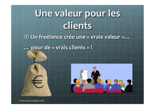 Une	
  valeur	
  pour	
  les	
  
clients	
  
①  Un	
  freelance	
  crée	
  une	
  «	
  vraie	
  valeur	
  »…	
  
…	
  pour	
  de	
  «	
  vrais	
  clients	
  »	
  !	
  	
  
	
  
www.asoncompte.com	
  
 
