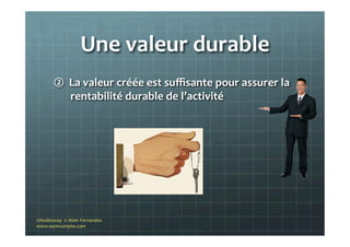 Une	
  valeur	
  durable	
  
②  La	
  valeur	
  créée	
  est	
  suﬃsante	
  pour	
  assurer	
  la	
  
rentabilité	
  durable	
  de	
  l’activité	
  
©Nodesway	
  	
  ©	
  Alain	
  Fernandez	
  
www.asoncompte.com	
  
 