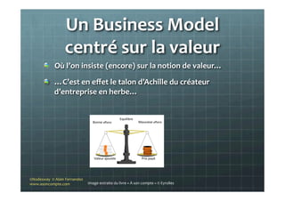 Un	
  Business	
  Model	
  
centré	
  sur	
  la	
  valeur	
  
"   Où	
  l’on	
  insiste	
  (encore)	
  sur	
  la	
  notion	
  de	
  valeur…	
  
"   …C’est	
  en	
  eﬀet	
  le	
  talon	
  d’Achille	
  du	
  créateur	
  
d’entreprise	
  en	
  herbe…	
  
	
  
Image	
  extraite	
  du	
  livre	
  «	
  À	
  son	
  compte	
  »	
  ©	
  Eyrolles	
  	
  
©Nodesway	
  	
  ©	
  Alain	
  Fernandez	
  
www.asoncompte.com	
  
 