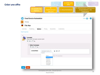 Formation HP-CSA - Cloud Service
Automation
38
City App
Créer une offre
1. Create
design
2. Créer une
offre
3. Create
order
4. Manage
order
A. Installer les
Options
B.
établissement
des prix
C. Documentation
D. Sélectionner le processus
d'approbation / de
publication
 