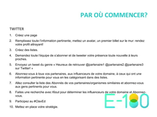PAR OÙ COMMENCER? Créez une page Remplissez toute l ’ information pertinente, mettez un avatar, un premier billet sur le mur: rendez votre profil attrayant! Créez des listes. Demandez toute l ’ équipe de s ’ abonner et de tweeter votre présence toute nouvelle à leurs proches. Envoyez un tweet du genre « Heureux de retrouver @partenaire1 @partenaire2 @partenaire3 sur Twitter! » Abonnez-vous à tous vos partenaires, aux influenceurs de votre domaine, à ceux qui ont une information pertinente pour vous en les catégorisant dans des listes. Allez consulter la liste des Abonnés de vos partenaires/organismes similaires et abonnez-vous aux gens pertinents pour vous. Faites une recherche avec Klout pour déterminer les influenceurs de votre domaine et Abonnez-vous. Participez au #ClavEd Mettez en place votre stratégie. TWITTER 