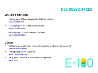 DES RESSOURCES VEILLER & DIFFUSER Twitter: pour diffuser et recueillir de l ’ information www.twitter.com Facebook: pour créer des communautés www.facebook.com Hahstags.org : Pour trouver des hashtags www.hashtags.com   GÉRER Hootsuite: pour gérer vos comptes(incluant la production de rapports)   www.hootsuite.com   Tweetdeck: pour les live chats www.tweetdeck.com   Bit.ly: pour connaître le nombre de clics générés www.bit.ly   