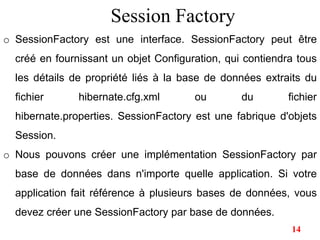 o SessionFactory est une interface. SessionFactory peut être
créé en fournissant un objet Configuration, qui contiendra tous
les détails de propriété liés à la base de données extraits du
fichier hibernate.cfg.xml ou du fichier
hibernate.properties. SessionFactory est une fabrique d'objets
Session.
o Nous pouvons créer une implémentation SessionFactory par
base de données dans n'importe quelle application. Si votre
application fait référence à plusieurs bases de données, vous
devez créer une SessionFactory par base de données.
Session Factory
14
 