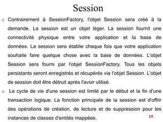 o Contrairement à SessionFactory, l'objet Session sera créé à la
demande. La session est un objet léger. La session fournit une
connectivité physique entre votre application et la base de
données. La session sera établie chaque fois que votre application
souhaite faire quelque chose avec la base de données. L'objet
Session sera fourni par l'objet SessionFactory. Tous les objets
persistants seront enregistrés et récupérés via l'objet Session. L'objet
de session doit être détruit après l'avoir utilisé.
o Le cycle de vie d'une session est limité par le début et la fin d'une
transaction logique. La fonction principale de la session est d'offrir
des opérations de création, de lecture et de suppression pour les
instances de classes d'entités mappées.
Session
15
 