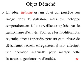 Objet Détaché
o Un objet détaché est un objet qui possède son
image dans le datastore mais qui échappe
temporairement à la surveillance opérée par le
gestionnaire d’entités. Pour que les modifications
potentiellement apportées pendant cette phase de
détachement soient enregistrées, il faut effectuer
une opération manuelle pour merger cette
instance au gestionnaire d’entités. 34
 