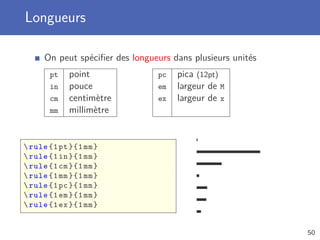 Longueurs

     On peut spéciﬁer des longueurs dans plusieurs unités
       pt   point               pc   pica (12pt)
       in   pouce               em   largeur de M
       cm   centimètre          ex   largeur de x
       mm   millimètre


 rule {1 pt }{1 mm }
 rule {1 in }{1 mm }
 rule {1 cm }{1 mm }
 rule {1 mm }{1 mm }
 rule {1 pc }{1 mm }
 rule {1 em }{1 mm }
 rule {1 ex }{1 mm }


                                                            50
 