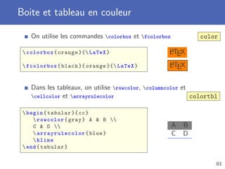 Boite et tableau en couleur

    On utilise les commandes colorbox et fcolorbox           color

  colorbox { orange }{ LaTeX }                    A
                                                    LTEX
  fcolorbox { black }{ orange }{ LaTeX }          A
                                                    LTEX

    Dans les tableaux, on utilise rowcolor, columncolor et
    cellcolor et arrayrulecolor                            colortbl

  begin { tabular }{ cc }
      rowcolor { gray } A  B 
     C  D                                           A   B
      arrayrulecolor { blue }                         C   D
      hline
  end { tabular }


                                                                    83
 
