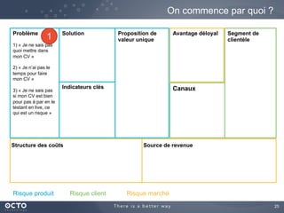 25	

On commence par quoi ?
Problème
1) « Je ne sais pas
quoi mettre dans
mon CV »
2) « Je n’ai pas le
temps pour faire
mon CV »
3) « Je ne sais pas
si mon CV est
convenable sans le
tester en live, ce qui
est un risque »
Segment de
clientèle
	

Proposition de
valeur unique
	

Indicateurs clés
Solution
Canaux
Avantage déloyal
	

Structure des coûts Source de revenue
Risque produit Risque client Risque marché
1
 
