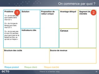 28	

On commence par quoi ?
Problème
1) « Je ne sais pas
quoi mettre dans
mon CV »
2) « Je n’ai pas le
temps pour faire
mon CV »
3) « Je ne sais pas
si mon CV est
convenable sans le
tester en live, ce qui
est un risque »
Segment de
clientèle
	

Proposition de
valeur unique
	

Indicateurs clés
Solution
Canaux
Avantage déloyal
	

Structure des coûts Source de revenue
Risque produit Risque client Risque marché
1 2
 