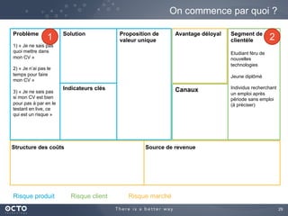 29	

On commence par quoi ?
Problème
1) « Je ne sais pas
quoi mettre dans
mon CV »
2) « Je n’ai pas le
temps pour faire
mon CV »
3) « Je ne sais pas
si mon CV est
convenable sans le
tester en live, ce qui
est un risque »
Segment de
clientèle
Etudiant féru de
nouvelles
technologies
Jeune diplômé
Individus recherchant
un emploi après
période sans emploi
(à préciser)
Proposition de
valeur unique
	

Indicateurs clés
Solution
Canaux
Avantage déloyal
	

Structure des coûts Source de revenue
Risque produit Risque client Risque marché
1 2
 