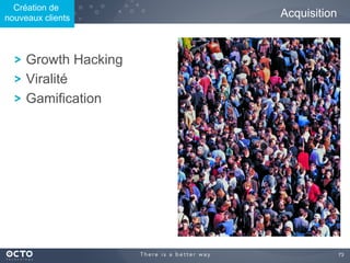 73	

Acquisition
! Growth Hacking
! Viralité
! Gamification
Création de
nouveaux clients
 