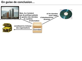 En guise de conclusion… constituent la richesse  des organisations Mais, ils n’existent pas de politique globale de gestion des données   du système    d’information et les données sont l’objet  d’obsolescences  diverses  http://www.flickr.com/photos/library_of_congress/2178285893/ Données 