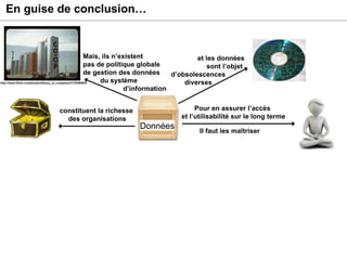 En guise de conclusion… constituent la richesse  des organisations Mais, ils n’existent pas de politique globale de gestion des données   du système    d’information et les données sont l’objet  d’obsolescences  diverses  Pour en assurer l’accès  et l’utilisabilité sur le long terme Il faut les maîtriser http://www.flickr.com/photos/library_of_congress/2178285893/ Données 