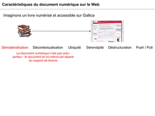 Caractéristiques du document numérique sur le Web Imaginons un livre numérisé et accessible sur Gallica Le document numérique n’est pas auto-porteur : le document en lui-même est séparé du support de lecture Dématérialisation Ubiquité Sérendipité Déstructuration Décontextualisation Push / Pull 