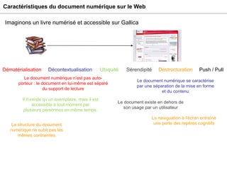 Caractéristiques du document numérique sur le Web Imaginons un livre numérisé et accessible sur Gallica La structure du document numérique ne subit pas les mêmes contraintes Déstructuration La naviguation à l’écran entraîne une perte des repères cognitifs Sérendipité Le document existe en dehors de son usage par un utilisateur Il n’existe qu’un exemplaire, mais il est accessible à tout moment par plusieurs personnes en même temps. Ubiquité Dématérialisation Décontextualisation Le document numérique se caractérise par une séparation de la mise en forme et du contenu Le document numérique n’est pas auto-porteur : le document en lui-même est séparé du support de lecture Push / Pull 