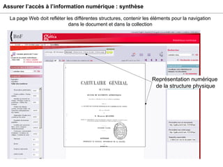 Assurer l’accès à l’information numérique : synthèse La page Web doit refléter les différentes structures, contenir les éléments pour la navigation dans le document et dans la collection Représentation numérique  de la structure physique 