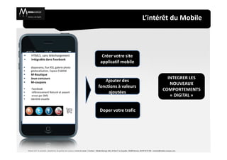 L’intérêt du Mobile



         Développer vo
   HTML5, sans téléchargement                                                            Créer votre site
   intégrable dans Facebook
                                                                                        applicatif mobile
   diaporama, flux RSS, galerie photo
   géolocalisation, Espace Fidélité
   M-Boutique
   Jeux-concours                                                                                                                                                       INTEGRER LES
   M-coupons                                                                             Ajouter des
                                                                                                                                                                        NOUVEAUX
                                                                                      fonctions à valeurs
    Facebook                                                                                                                                                         COMPORTEMENTS
    référencement Naturel et payant                                                        ajoutées
    envoi par SMS                                                                                                                                                       « DIGITAL »
   Identité visuelle



                                                                                        Doper votre trafic




Manoli 2.0 : la première plateforme de gestion de contenu mobile et social / Contact : Media-Marque SAS, 34 Rue F Le Guyader, 35200 Rennes, 02 99 53 57 86 – contact@media-marque.com
 
