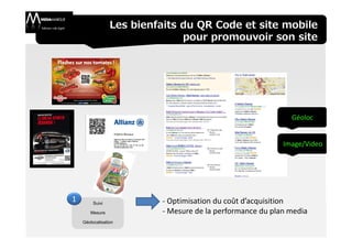 Les bienfaits du QR Code et site mobile
                               pour promouvoir son site




                                                             Géoloc


                                                           Image/Video




1        Suivi            - Optimisation du coût d’acquisition
       Mesure             - Mesure de la performance du plan media
    Géolocalisation
 