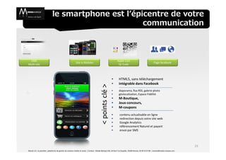 le smartphone est l’épicentre de votre
                                                    communication



 CMS                                                                                                          Apple icon
                                                          Site ts Mobiles                                                                                  Page facebook
Multi-site                                                                                                     Qr Code




                                                                                                                HTML5, sans téléchargement
                                                                                                                intégrable dans Facebook




                                                                                          < points clé >
                                                                                                                diaporama, flux RSS, galerie photo
                                                                                                                géolocalisation, Espace Fidélité
                                                                                                                M-Boutique,
                                                                                                                Jeux-concours,
                                                                                                                M-coupons
                                                                                                                contenu actualisable en ligne
                                                                                                                redirection depuis votre site web
                                                                                                                Google Analytics
                                                                                                                référencement Naturel et payant
                                                                                                                envoi par SMS



                                                                                                                                                                                        23
Manoli 2.0 : la première plateforme de gestion de contenu mobile et social / Contact : Media-Marque SAS, 34 Rue F Le Guyader, 35200 Rennes, 02 99 53 57 86 – contact@media-marque.com
 