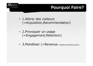 Pourquoi Faire?

• 1.Attirer des visiteurs
  (=Acquisition,Recommendation)

• 2.Provoquer un usage
  (=Engagement,Rétention)

• 3.Monétiser (=Revenus*)*idéalementAVECunprofit;)
 