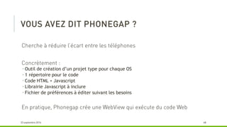  Outil de création d’un projet type pour chaque OS
 1 répertoire pour le code
 Code HTML + Javascript
 Librairie Javascript à inclure
 Fichier de préférences à éditer suivant les besoins
 