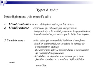 Types d’audit
Nous distinguons trois types d’audit :
1. L’audit statutaire :c’est celui qui est prévu par les statuts.
2. L’audit externe : c’est celui qui est mené par une personne
indépendante à la société parce que les propriétaires
le veulent ainsi et pas parce que la loi le leur impose.
3. L’audit interne : - c’est celui qui est mené à l’intérieur d’une firme
(ou d’un organisme) par un agent ou service de
- l’organisation auditée.
- Il s’agit d’une activité indépendante d’appréciation
du contrôle des opérations.
- C’est dans ce domaine, un contrôle qui a pour
fonction d’estimer et d’évaluer l’efficacité des
autres
contrôles.
 