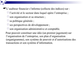 L’auditeur financier s’informe (collecte des indices) sur :
 l’activité et le secteur dans lequel opère l’entreprise ;
 son organisation et sa structure ;
 sa politique générale ;
 ses perspectives de développement ;
 son organisation administrative et comptable.
Pour pouvoir constituer une idée (un premier jugement) sur
l’organisation de l’entreprise, son plan d’organisation
(organigramme), son système de pouvoir et d’autorisations des
transactions et son système d’information.
 