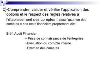c)-Comprendre, valider et vérifier l’application des
options et le respect des règles relatives à
l’établissement des comptes : c’est l’examen des
comptes e des états financiers proprement dits.
Bréf, Audit Financier
= Prise de connaissance de l’entreprise
+Evaluation du contrôle interne
+Examen des comptes
 