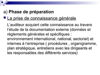 a) Phase de préparation
 La prise de connaissance générale
L’auditeur acquiert cette connaissance au travers
l’étude de la documentation externe (données et
règlements générales et spécifiques :
environnement international, national, sectoriel) et
internes à l’entreprise ( procédures , organigramme,
plan stratégique, entretiens avec les dirigeants et
les responsables des différents services)
 
