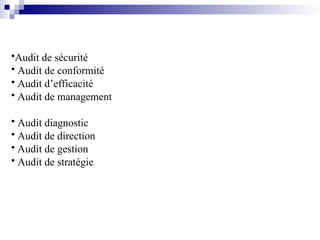 •Audit de sécurité
• Audit de conformité
• Audit d’efficacité
• Audit de management
• Audit diagnostic
• Audit de direction
• Audit de gestion
• Audit de stratégie
 