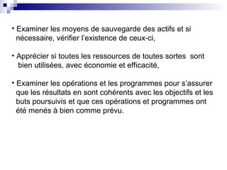 • Examiner les moyens de sauvegarde des actifs et si
nécessaire, vérifier l’existence de ceux-ci,
• Apprécier si toutes les ressources de toutes sortes sont
bien utilisées, avec économie et efficacité,
• Examiner les opérations et les programmes pour s’assurer
que les résultats en sont cohérents avec les objectifs et les
buts poursuivis et que ces opérations et programmes ont
été menés à bien comme prévu.
 