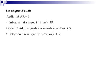 Les risques d’audit
Audit risk AR = ?
• Inherent risk (risque inhérent) : IR
• Control risk (risque du système de contrôle) : CR
• Detection risk (risque de détection) : DR
 