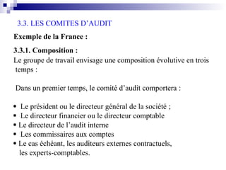 3.3. LES COMITES D’AUDIT
Exemple de la France :
3.3.1. Composition :
Le groupe de travail envisage une composition évolutive en trois
temps :
Dans un premier temps, le comité d’audit comportera :
 Le président ou le directeur général de la société ;
 Le directeur financier ou le directeur comptable
 Le directeur de l’audit interne
 Les commissaires aux comptes
 Le cas échéant, les auditeurs externes contractuels,
les experts-comptables.
 