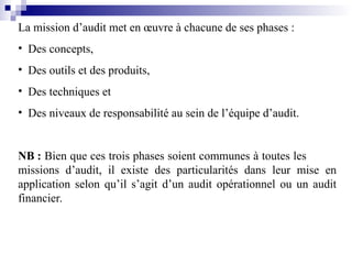 La mission d’audit met en œuvre à chacune de ses phases :
• Des concepts,
• Des outils et des produits,
• Des techniques et
• Des niveaux de responsabilité au sein de l’équipe d’audit.
NB : Bien que ces trois phases soient communes à toutes les
missions d’audit, il existe des particularités dans leur mise en
application selon qu’il s’agit d’un audit opérationnel ou un audit
financier.
 
