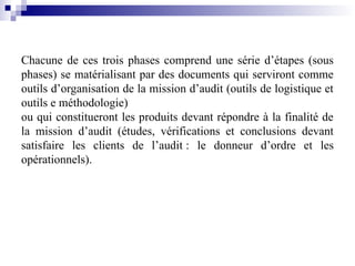 Chacune de ces trois phases comprend une série d’étapes (sous
phases) se matérialisant par des documents qui serviront comme
outils d’organisation de la mission d’audit (outils de logistique et
outils e méthodologie)
ou qui constitueront les produits devant répondre à la finalité de
la mission d’audit (études, vérifications et conclusions devant
satisfaire les clients de l’audit : le donneur d’ordre et les
opérationnels).
 