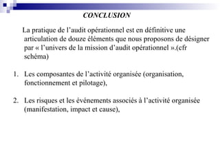 CONCLUSION
La pratique de l’audit opérationnel est en définitive une
articulation de douze éléments que nous proposons de désigner
par « l’univers de la mission d’audit opérationnel ».(cfr
schéma)
1. Les composantes de l’activité organisée (organisation,
fonctionnement et pilotage),
2. Les risques et les événements associés à l’activité organisée
(manifestation, impact et cause),
 