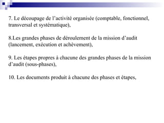 7. Le découpage de l’activité organisée (comptable, fonctionnel,
transversal et systématique),
8.Les grandes phases de déroulement de la mission d’audit
(lancement, exécution et achèvement),
9. Les étapes propres à chacune des grandes phases de la mission
d’audit (sous-phases),
10. Les documents produit à chacune des phases et étapes,
 