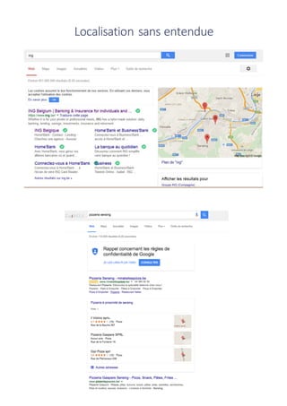 • Balise	meta « description »
Emplacement	qui	ne	compte	pas,	
mais	qui	est	utile
retis
www.retis.be
RÉFÉRENCEMENT NATUREL - (C) D. JACOB (2017)
• Le	référencement	organique	dépend	essentiellement	:
1. De	la	bonne	correspondance	(et	de	la	fréquence)	entre	les	(chaînes)	de	
mots	clés	et	le	contenu	(optimisation	sémantique)	
Ø Des	métadonnées	:	surtout	de	la	balise	« Title »
Ø De	la	hiérarchisation	des	autres	titres	(	« H1 »,	« H2 »)	et	des	hyperliens
Ø de	l’URL	de	la	page	(è technique	d’ « URL	rewriting »)
Ø Du	reste	de	la	page
2. De	la	popularité du	site	de	la	page	(« citation »)	
è Influence	le	« ranking »	(le	positionnement	:	ordre	d’affichage)
Ø Nombre	et	notoriété	des	sites	« hyperliants »	(« backlinks »)	
3. « pogo-sticking »:	Taux	de	rebond	du	visiteur	(aller-retour	sur	la	page	de	
résultat	de	recherche)
4. De	la	fréquence	de	mise	à	jour,	ainsi	que	de	l’ancienneté	du	site
5. Aspects	techniques	:	
§ pas	d’obstacles	/	chicanes	 au	parcours	du	site	par	un	robot	(ex:	frames,	animat.	Flash,	
les	sites	one-page	en	Ajax,…	sont	à	éviter),	
§ rapidité	de	chargement,	
§ bonne	adaptation	à	une	consultation	sur	mobile
Leviers	du	référencement	organique
retis
www.retis.be
RÉFÉRENCEMENT NATUREL - (C) D. JACOB (2017)Extrait	du	livre	« e-Commerce:	Les	bonnes	pratiques	pour	réussir »
 