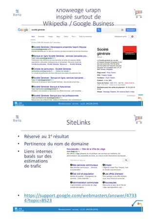 • Soigner:
Ø La	balise	« Title »	(4	à	10	mots;	doit	confirmer	que	votre	page	
répond	à	la	requête	è concordance	de	mots-clés	avec	la	
requête,	que	Google	mettra	en	gras)
Ø La	balise	« Meta	Description »	(doit	être	un	texte	d’accroche,	
incitant	à	cliquer;	entre	150	et	250	caractères)
Accrocher	l’internaute	sur	la	SERP
retis
www.retis.be
RÉFÉRENCEMENT NATUREL - (C) D. JACOB (2017)
 