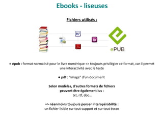 Fichiers utilisés :
● epub : format normalisé pour le livre numérique => toujours privilégier ce format, car il permet
une interactivité avec le texte
● pdf : "image" d'un document
Selon modèles, d'autres formats de fichiers
peuvent être également lus :
txt, rtf, doc…
=> néanmoins toujours penser interopérabilité :
un fichier lisible sur tout support et sur tout écran
Ebooks - liseuses
 