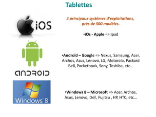 Tablettes
3 principaux systèmes d'exploitations,
près de 500 modèles.
●iOs - Apple => Ipad
●Androïd – Google => Nexus, Samsung, Acer,
Archos, Asus, Lenovo, LG, Motorola, Packard
Bell, Pocketbook, Sony, Toshiba, etc...
●Windows 8 – Microsoft => Acer, Archos,
Asus, Lenovo, Dell, Fujitsu , HP, HTC, etc...
 