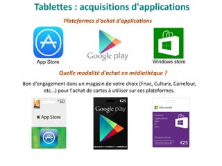 Tablettes : acquisitions d'applications
Plateformes d'achat d'applications
App Store Windows store
Quelle modalité d'achat en médiathèque ?
Bon d'engagement dans un magasin de votre choix (Fnac, Cultura, Carrefour,
etc...) pour l'achat de cartes à utiliser sur ces plateformes.
 