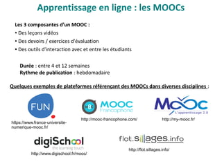 Apprentissage en ligne : les MOOCs
Les 3 composantes d’un MOOC : 
● Des leçons vidéos
● Des devoirs / exercices d'évaluati...