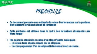 RÉVISER
• Ce document présente une méthode de retour d’un formateur sur la pratique
d’un stagiaire lors d’une action de fo...