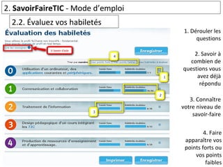 2.  SavoirFaireTIC  - Mode d’emploi  2.2. Évaluez vos habiletés 1. Dérouler les questions 2. Savoir à combien de questions vous avez déjà répondu 3. Connaître votre niveau de savoir-faire 4. Faire apparaître vos points forts ou vos points faibles 