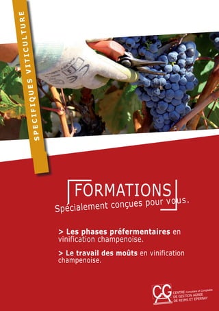 FORMATIONS
SPECIFIQUESVITICULTURE
> Les phases préfermentaires en
vinification champenoise.
> Le travail des moûts en vinification
champenoise.
Spécialement conçues pour vous.
 
